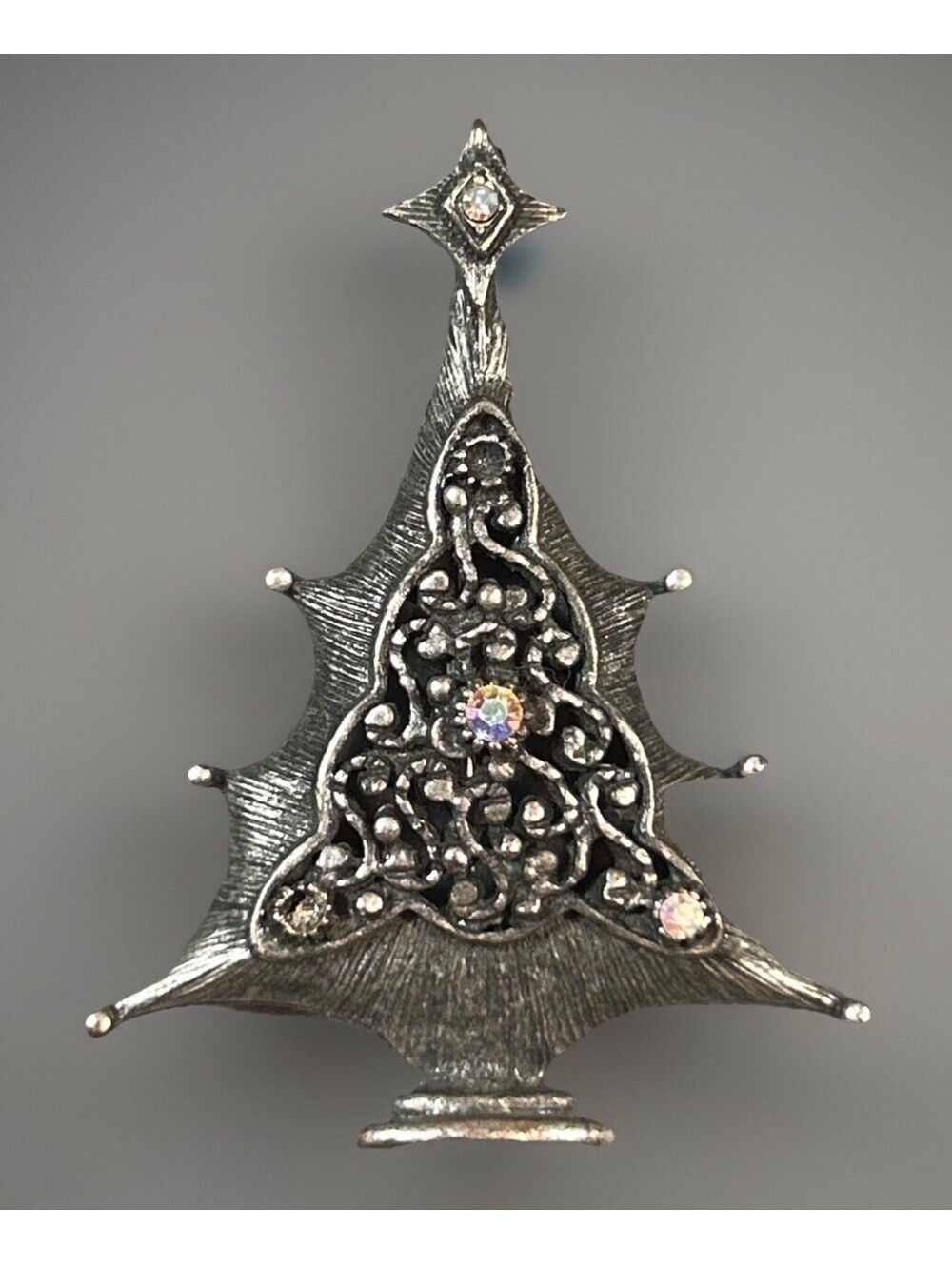 Vintage Druz Celtic Burnished Silver Tree Rhinestones Broach Pin Gothic